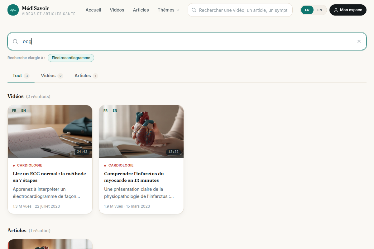 Recherche unifiée vidéos + articles