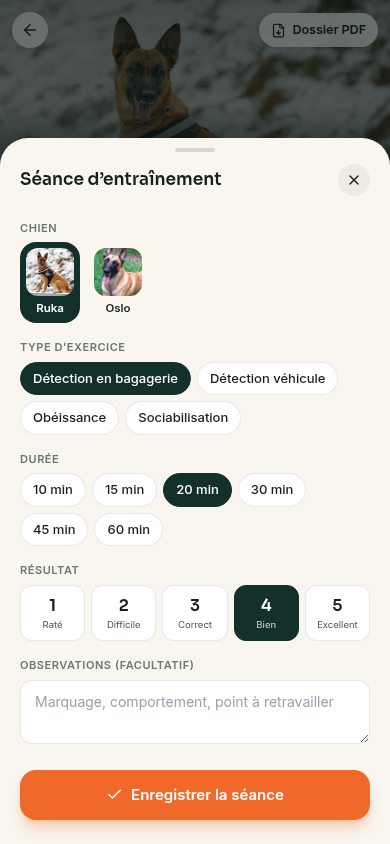 Saisie d’une séance d’entraînement