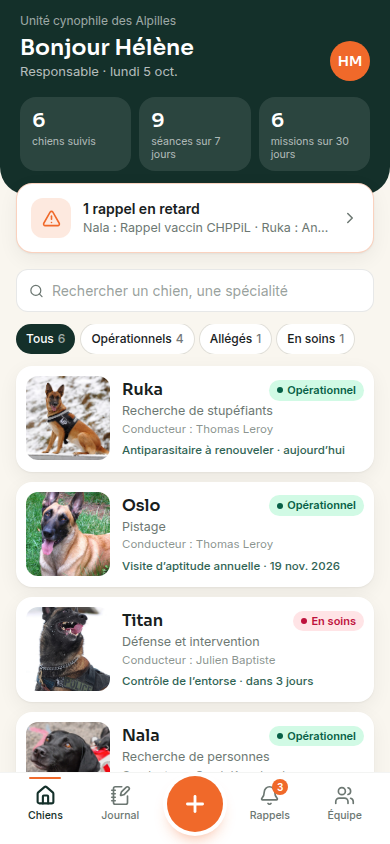 Liste des chiens, vue responsable