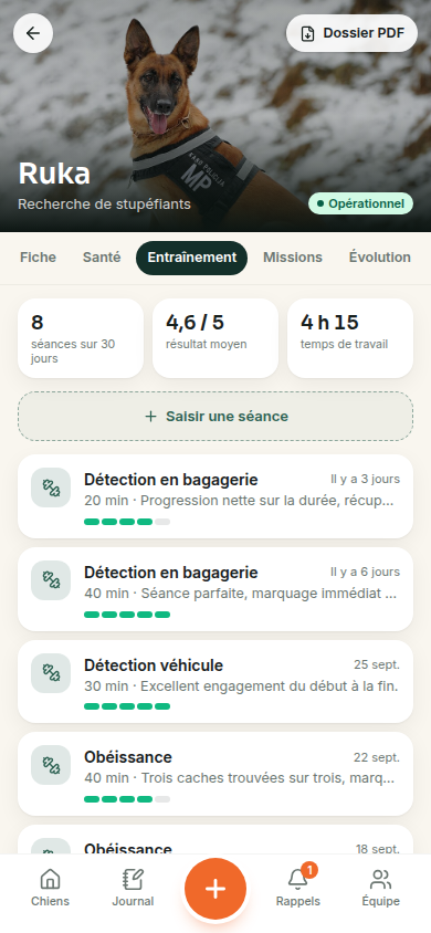 Journal d’entraînement et résultat moyen