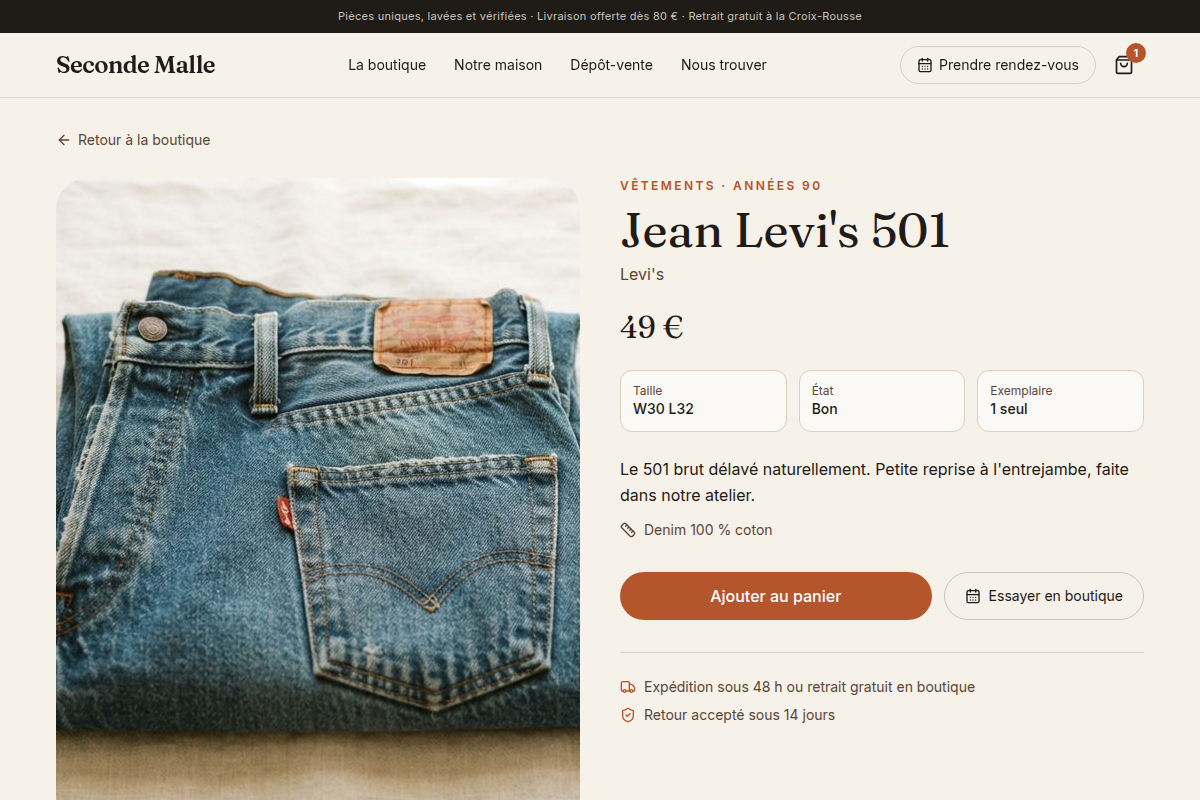 Fiche produit : taille, état, matière