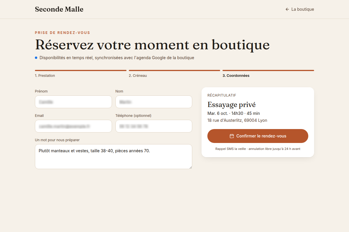 Prise de RDV : coordonnées et récapitulatif