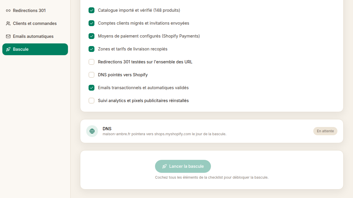 Bascule verrouillée tant que la checklist n'est pas complète