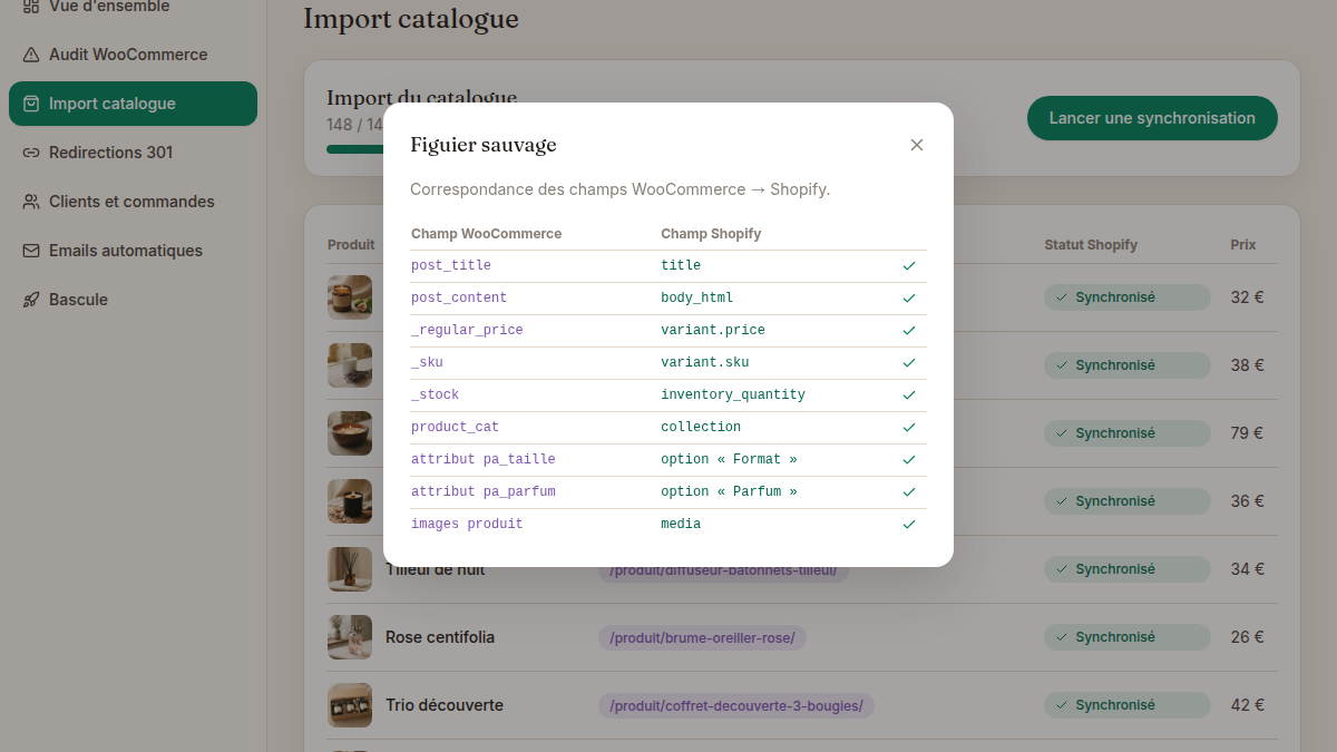 Correspondance des champs WooCommerce → Shopify