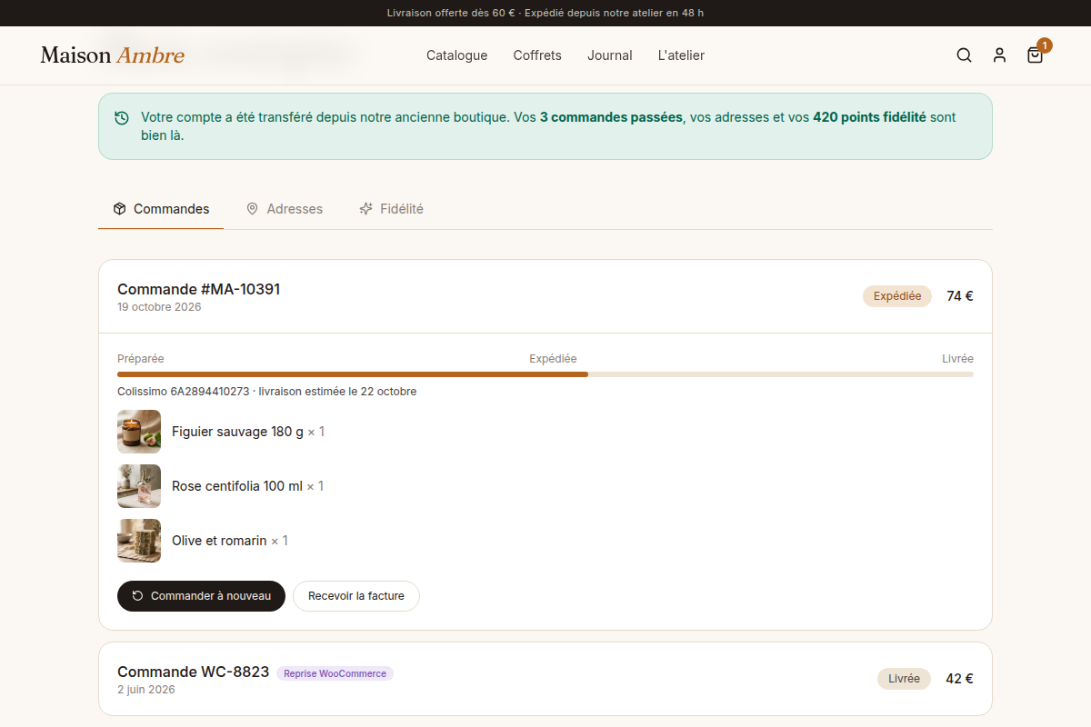 Historique de commandes repris depuis WooCommerce