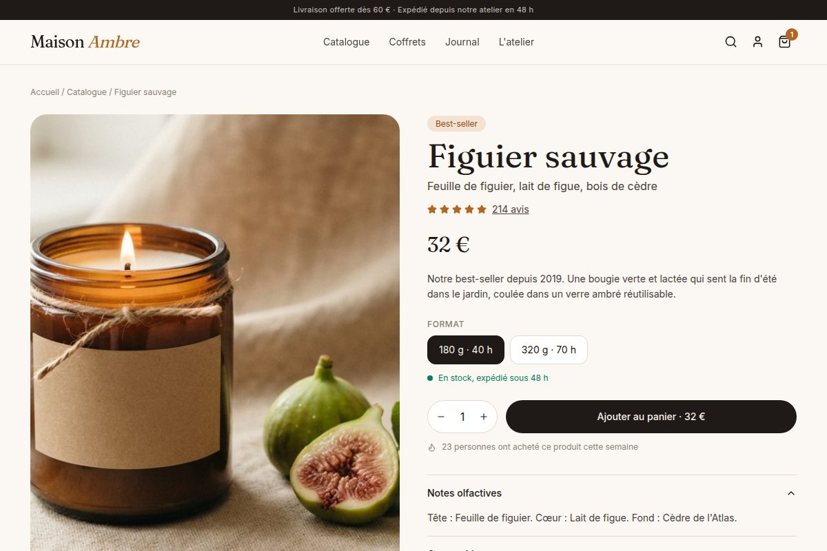 Fiche produit avec variantes et avis