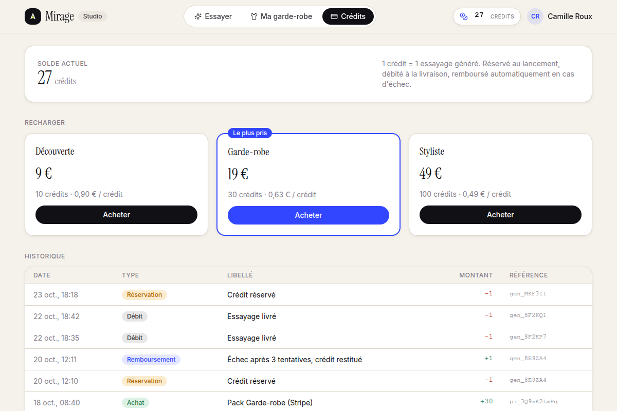 Recharge de crédits par pack, paiement Stripe