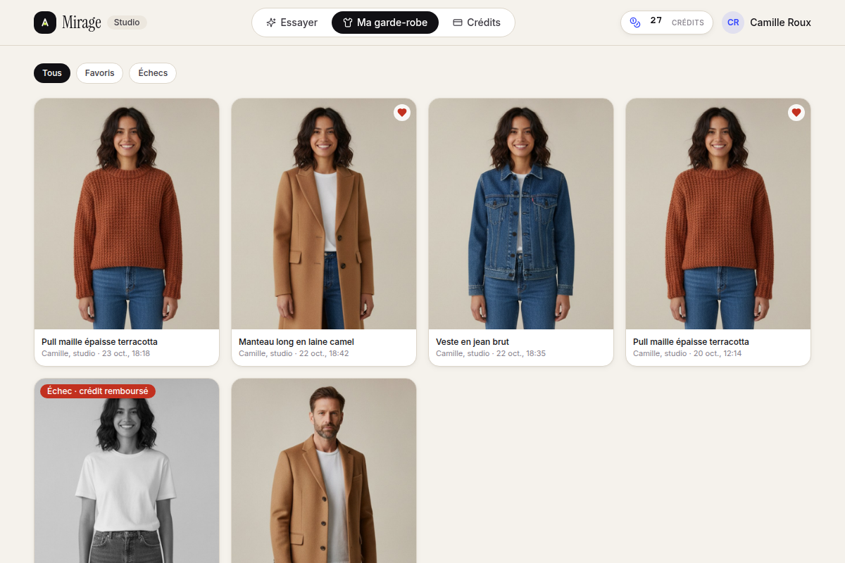 Garde-robe : historique des essayages, favoris
