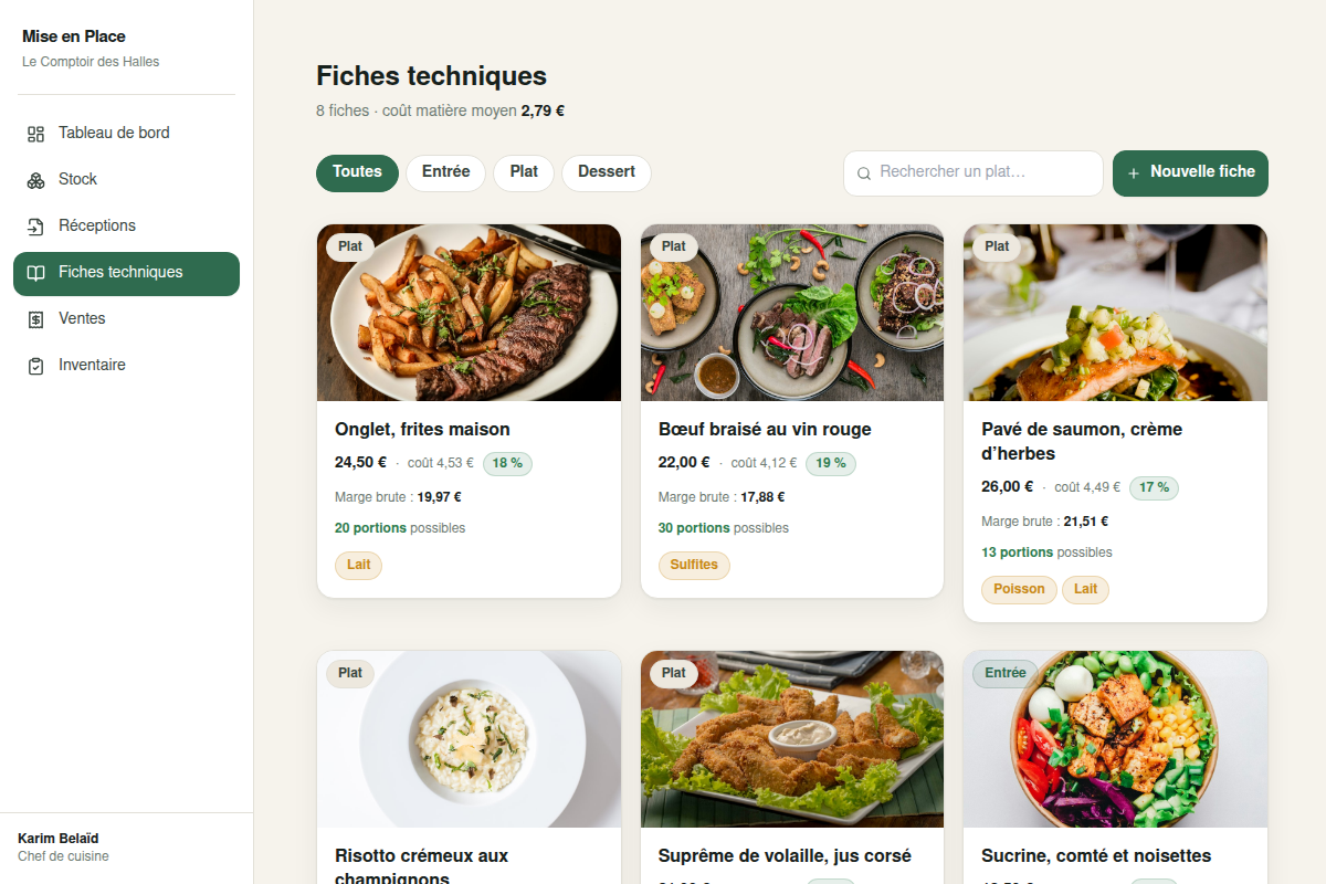 Fiches techniques : coût matière et marge par plat