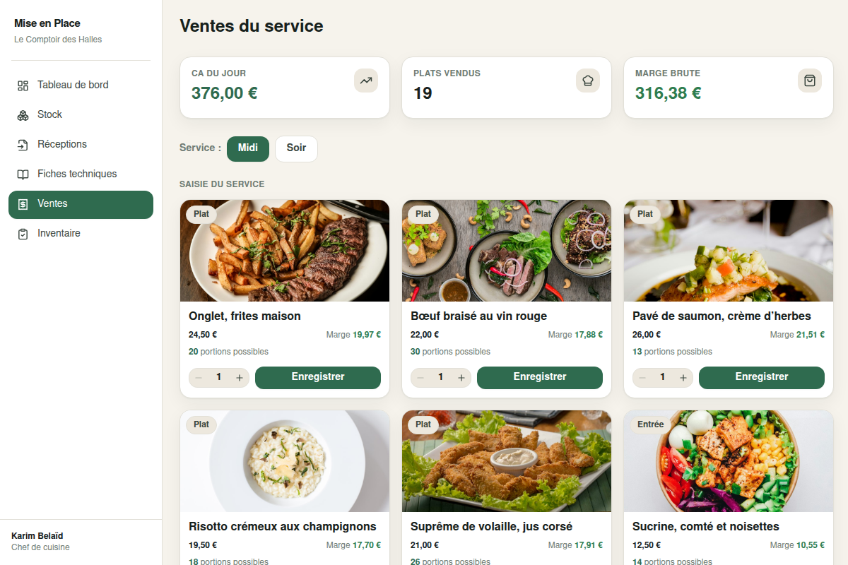 Saisie des ventes par service, midi et soir
