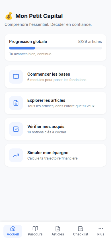 Accueil : progression et accès rapides