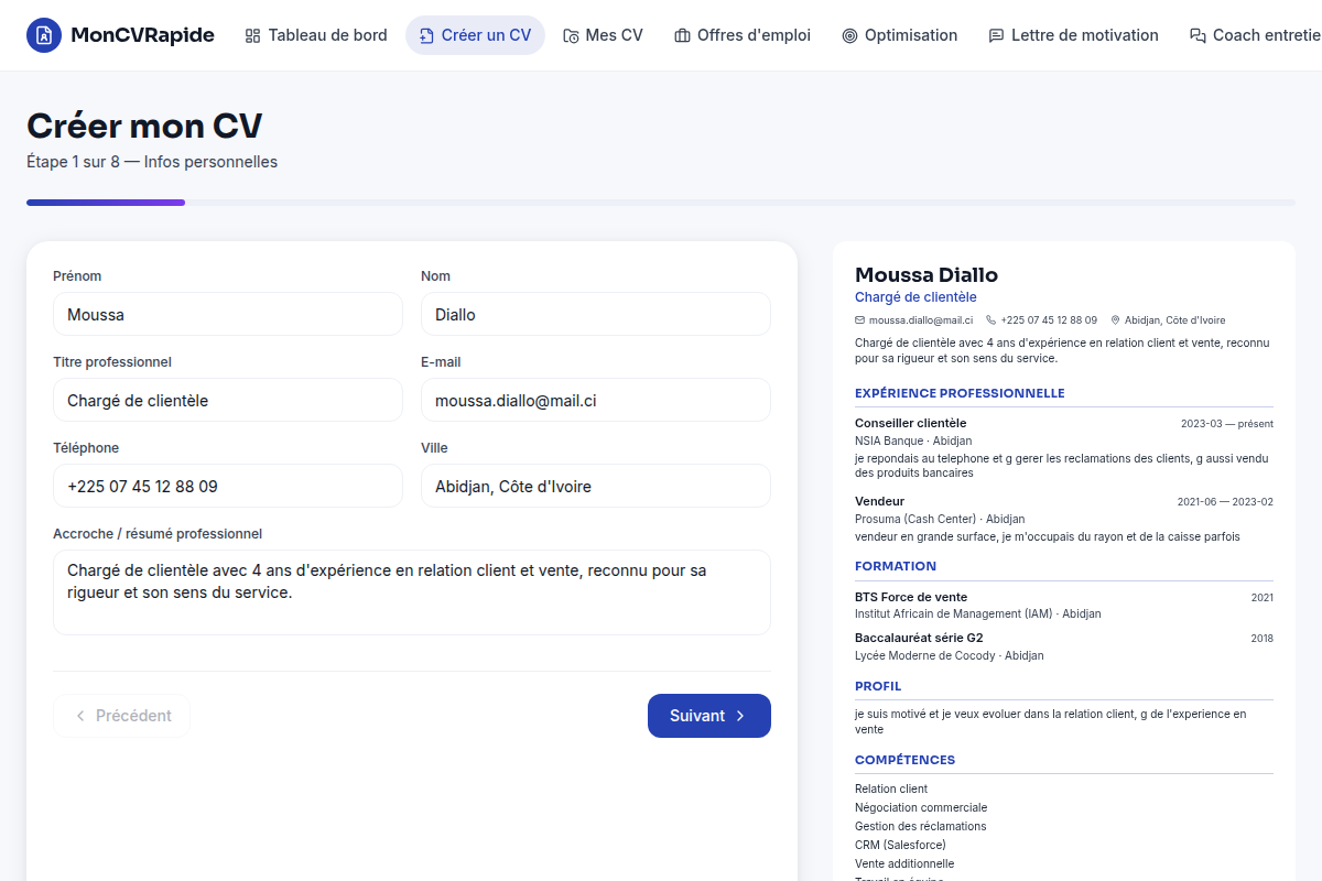 Assistant IA — création du CV, étape 1