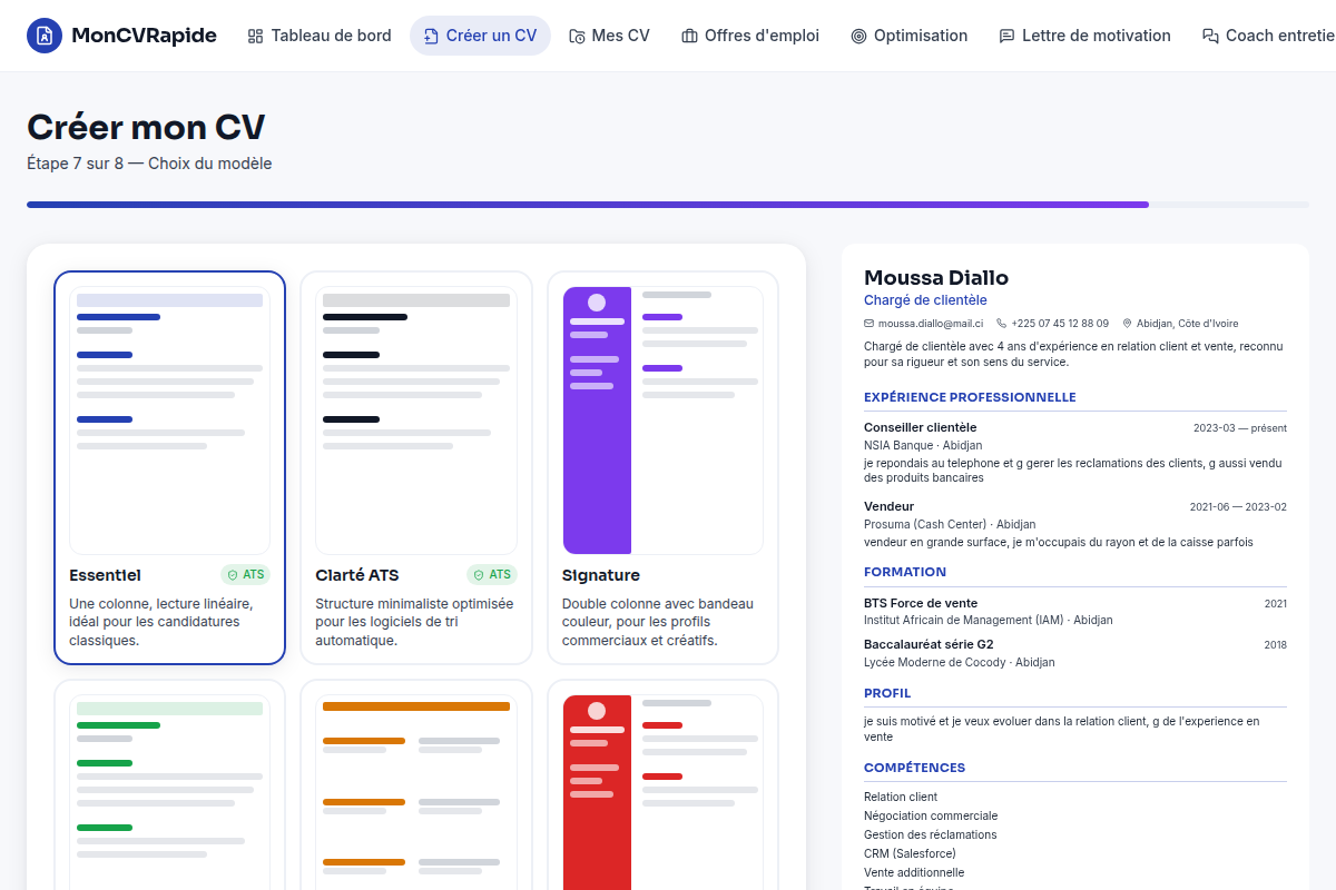 Choix du modèle de CV parmi 6 templates