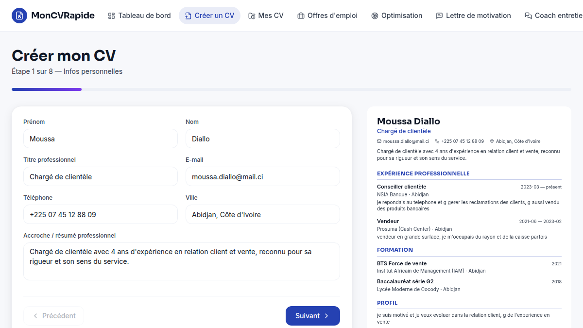 Aperçu du CV en temps réel