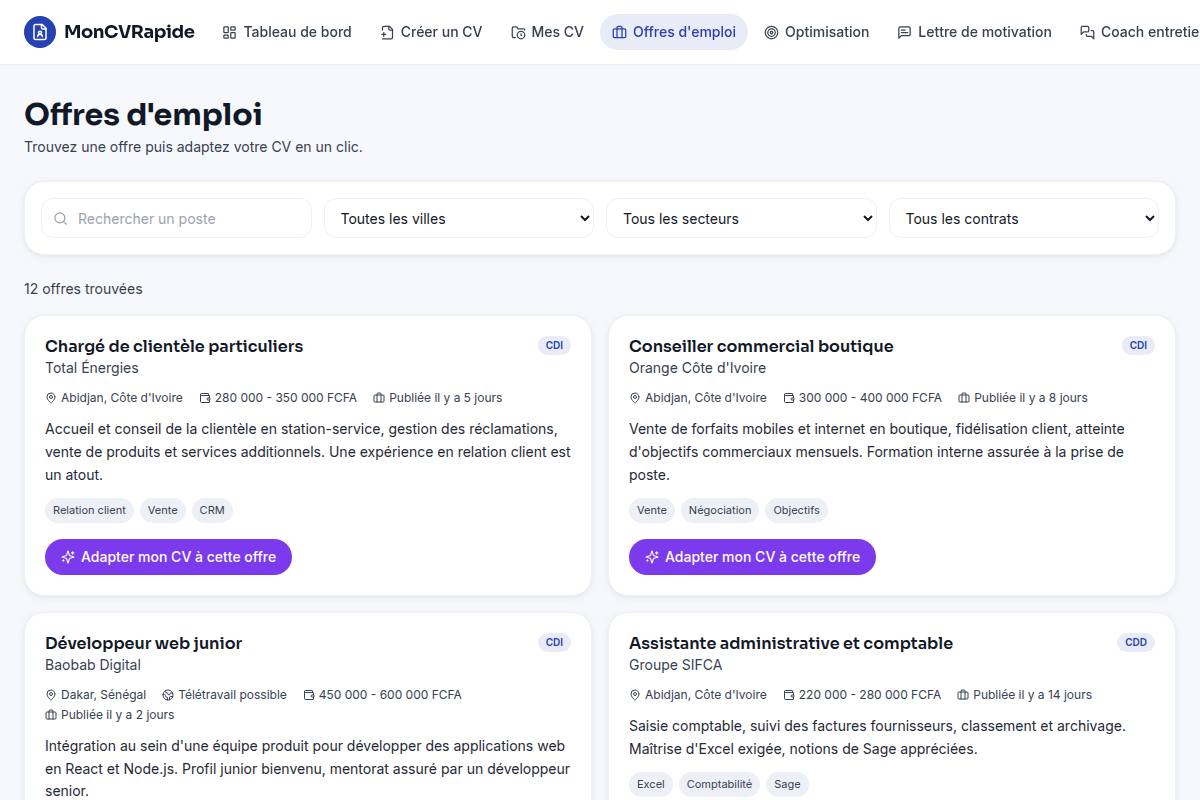 Offres d'emploi filtrables