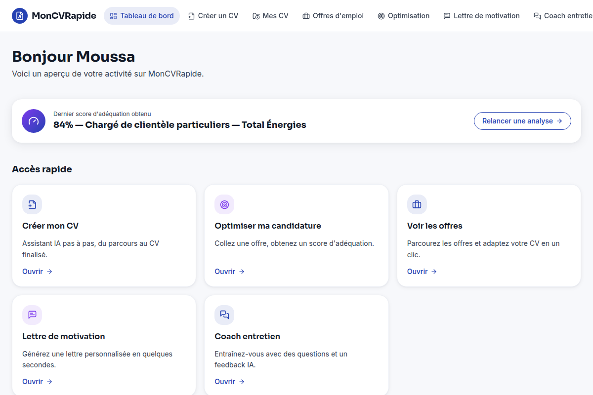 Tableau de bord candidat