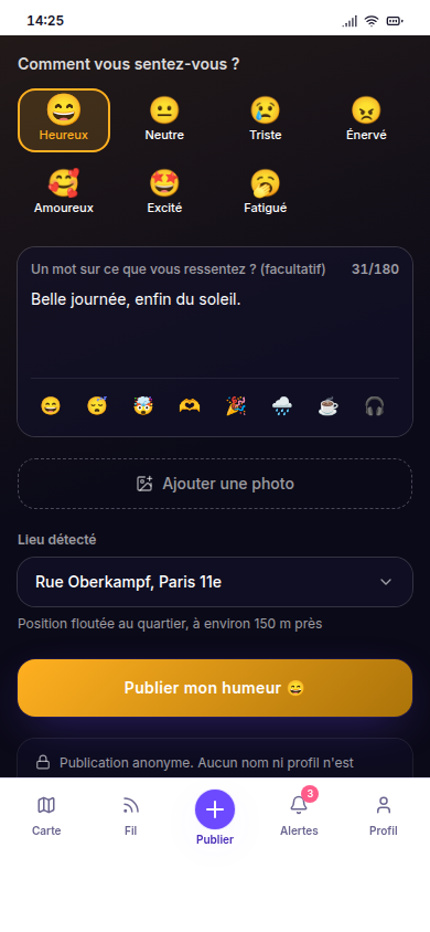 Déposer une humeur, anonyme et géolocalisée