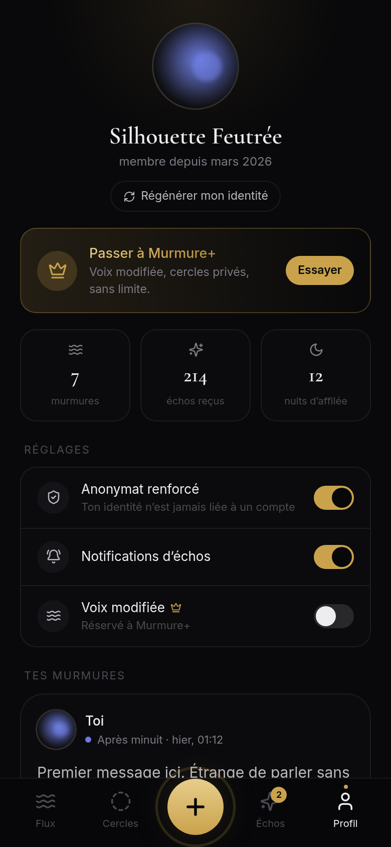 Profil anonyme régénérable et réglages