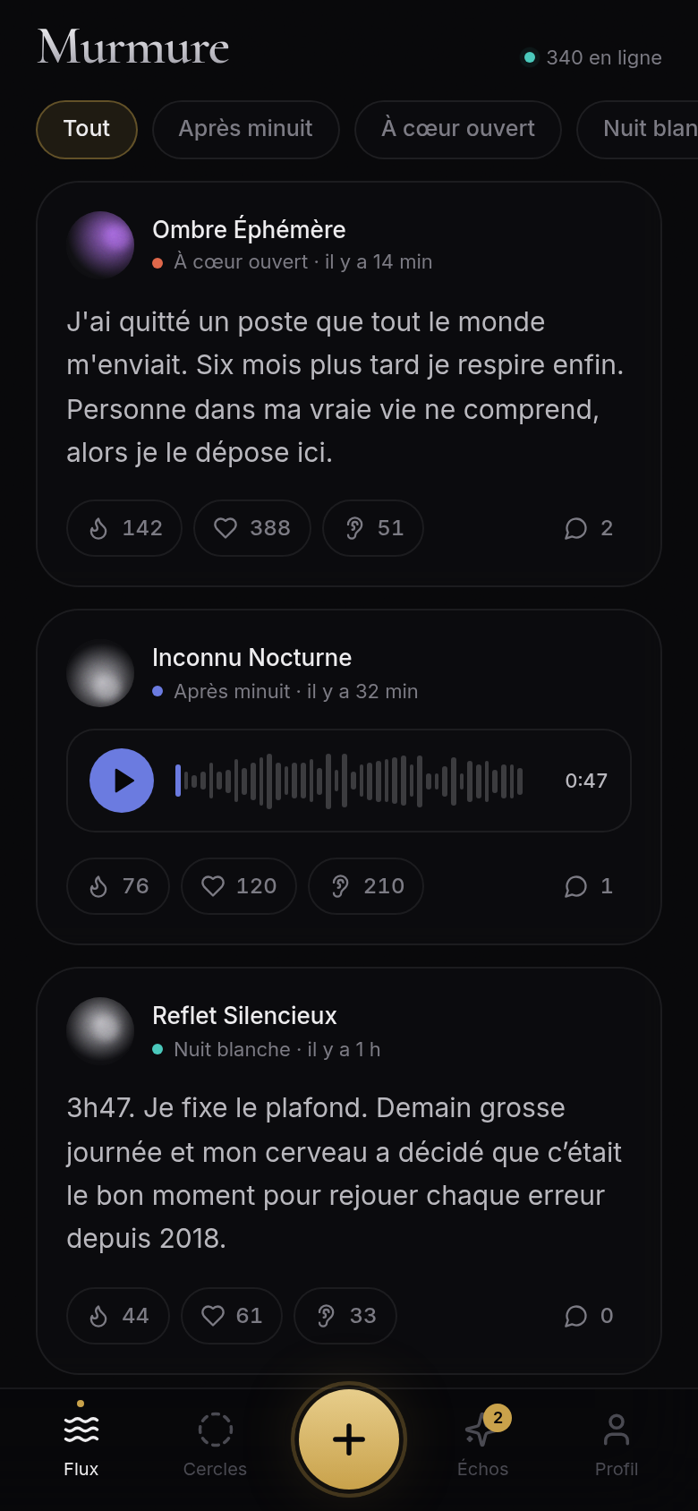Feed anonyme — murmures texte et vocaux