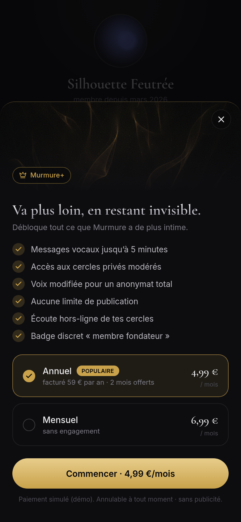 Murmure+ — plans annuel et mensuel