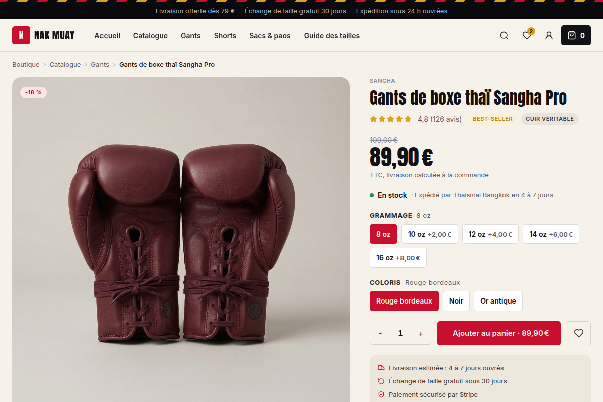 Fiche produit avec variantes et avis