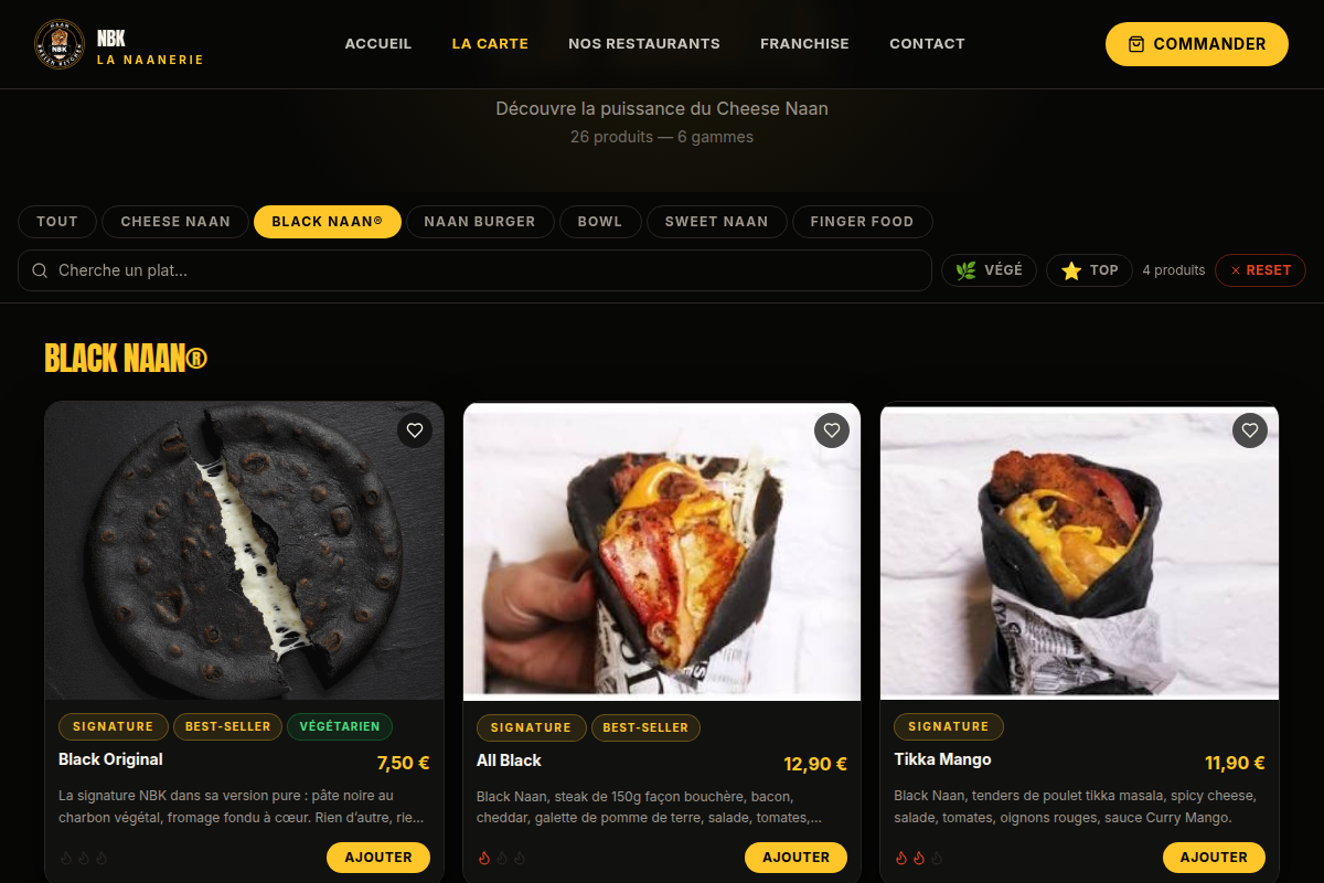 Menu filtré par gamme Black Naan®