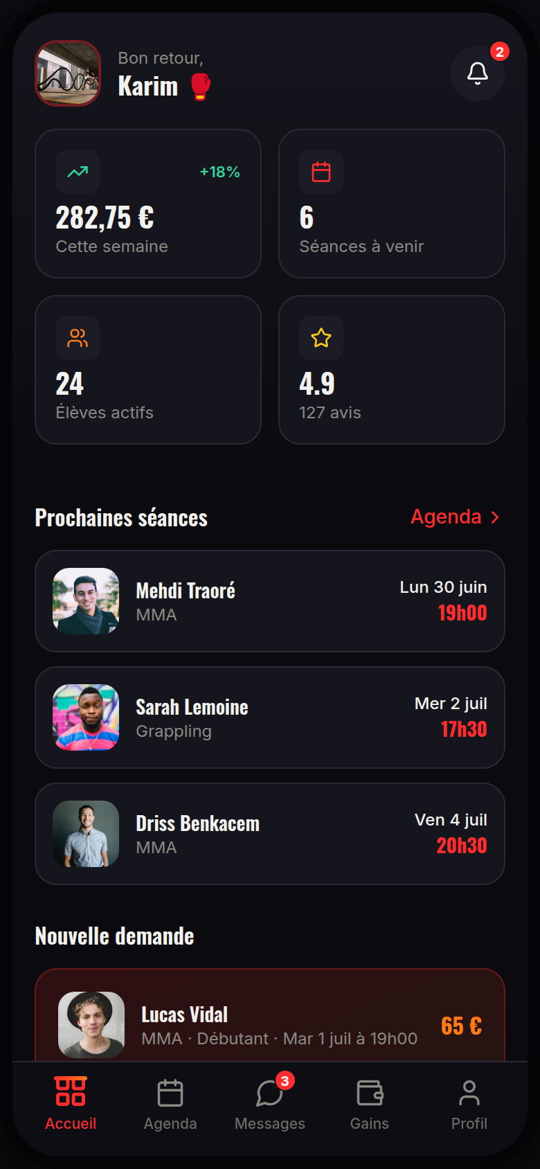 Espace coach : tableau de bord