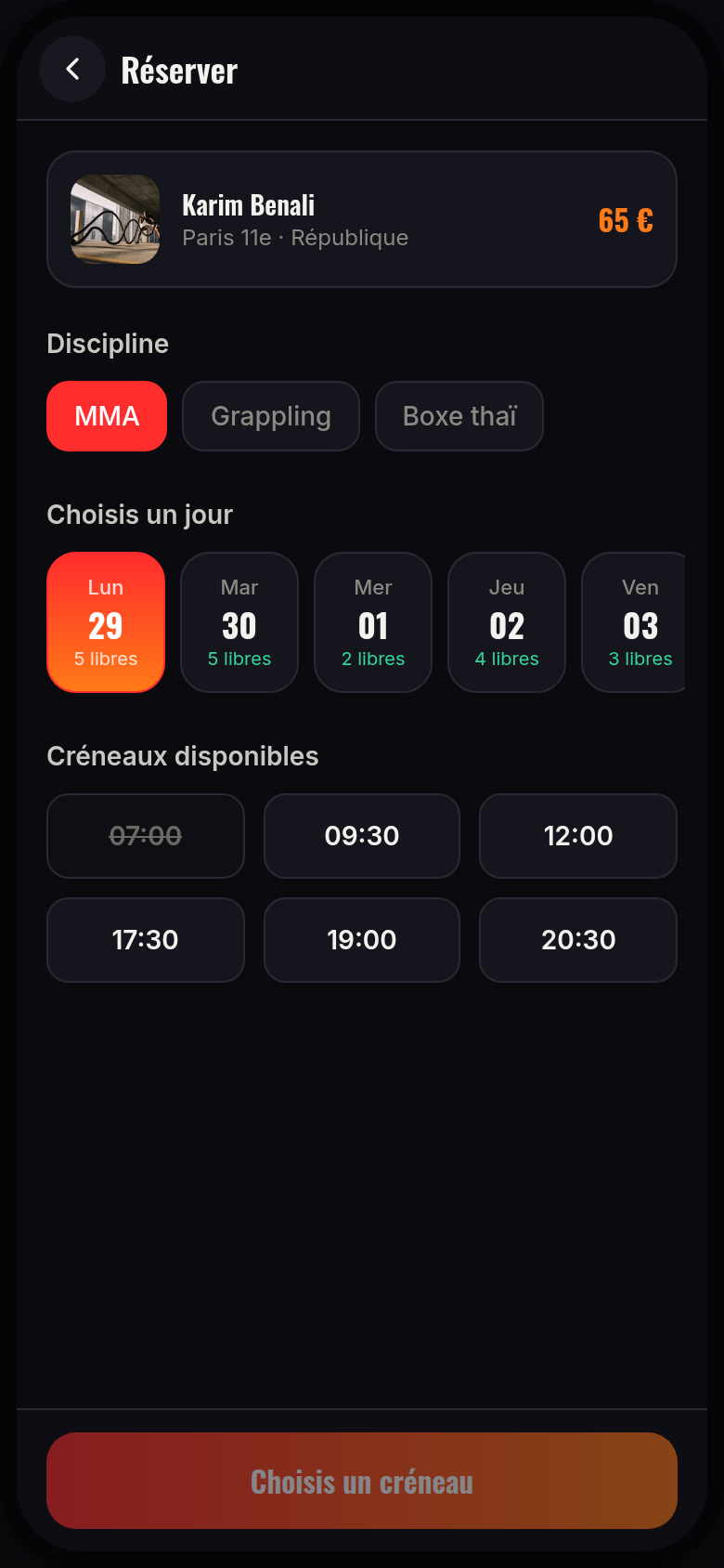 Réservation d'un créneau en quelques taps