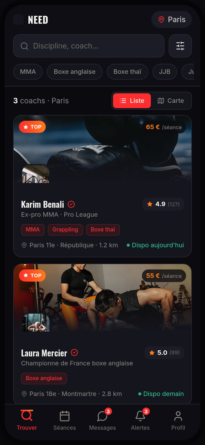 Recherche géolocalisée de coachs de combat