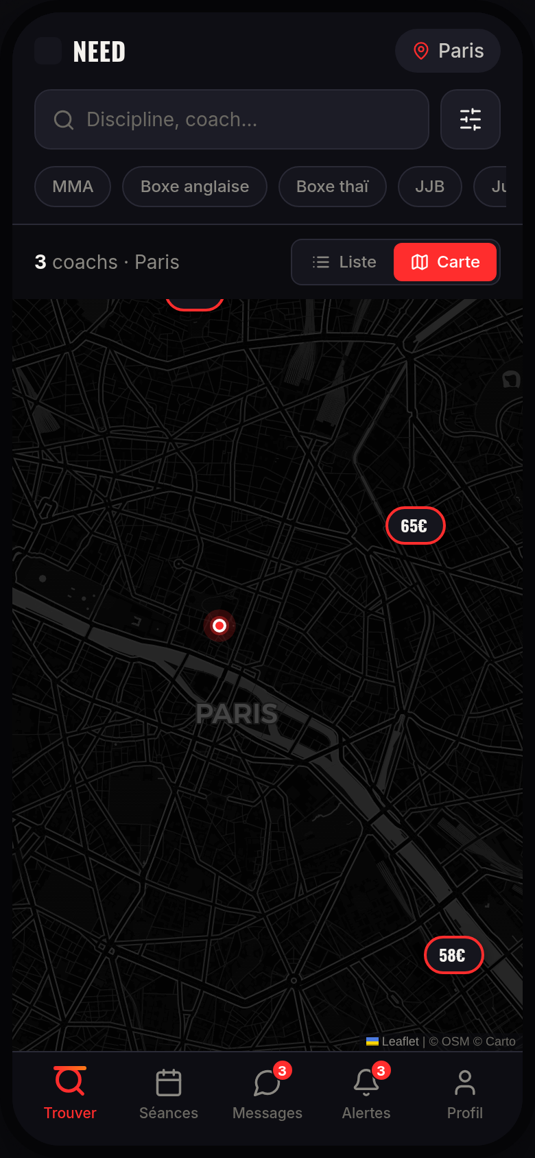 Coachs affichés sur une carte autour de soi