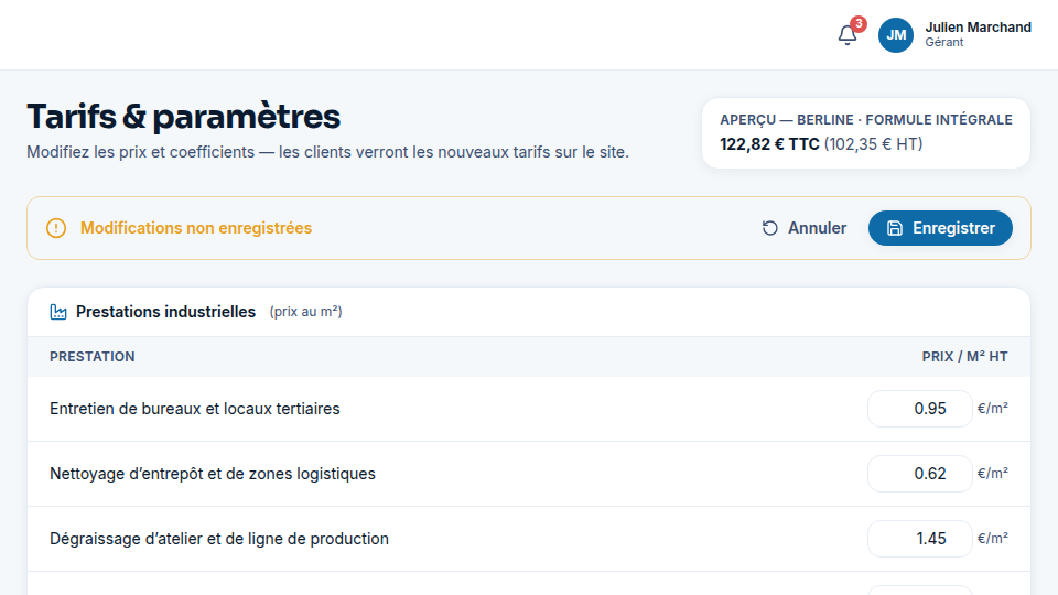 Tarifs pilotés par l'équipe, appliqués en direct au site public