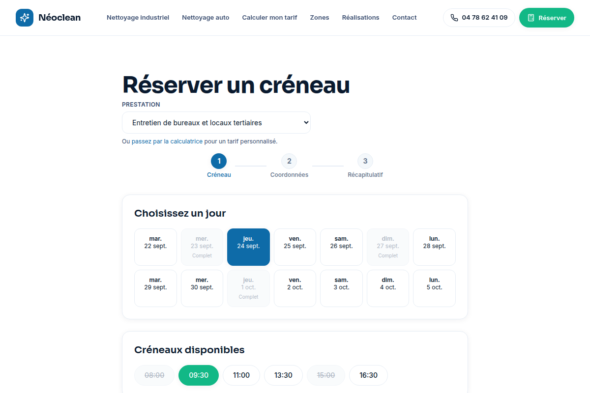 Réservation : jour et créneau sélectionnés