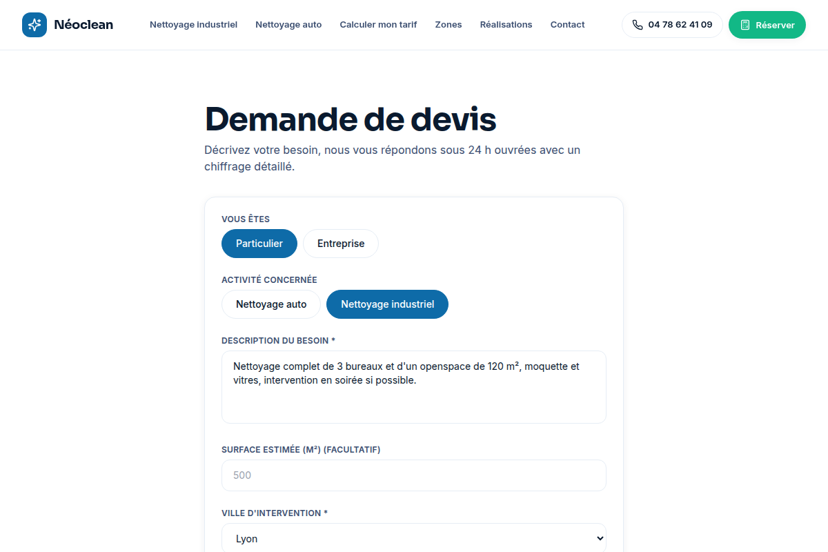 Formulaire de demande de devis rempli