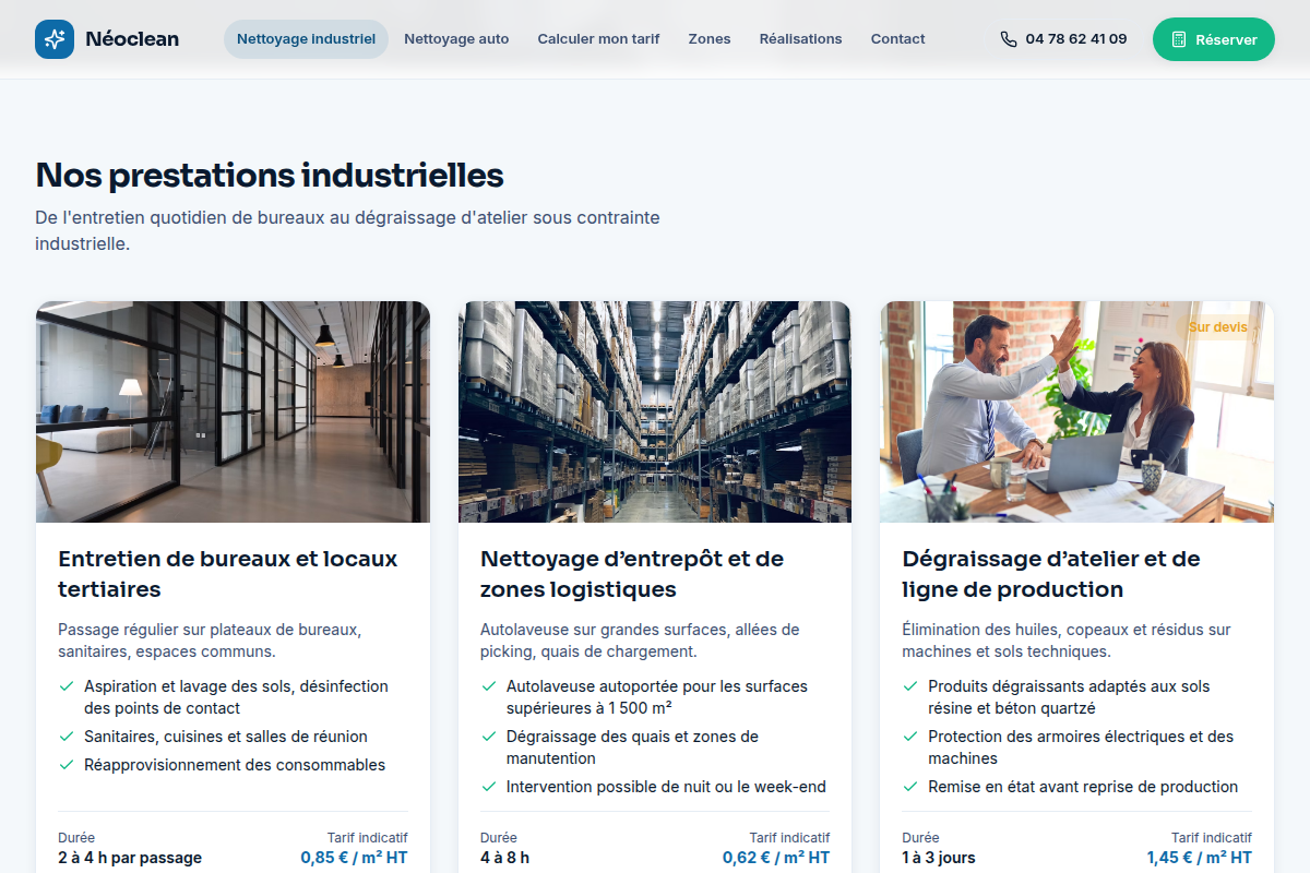Prestations industrielles avec tarifs au m²