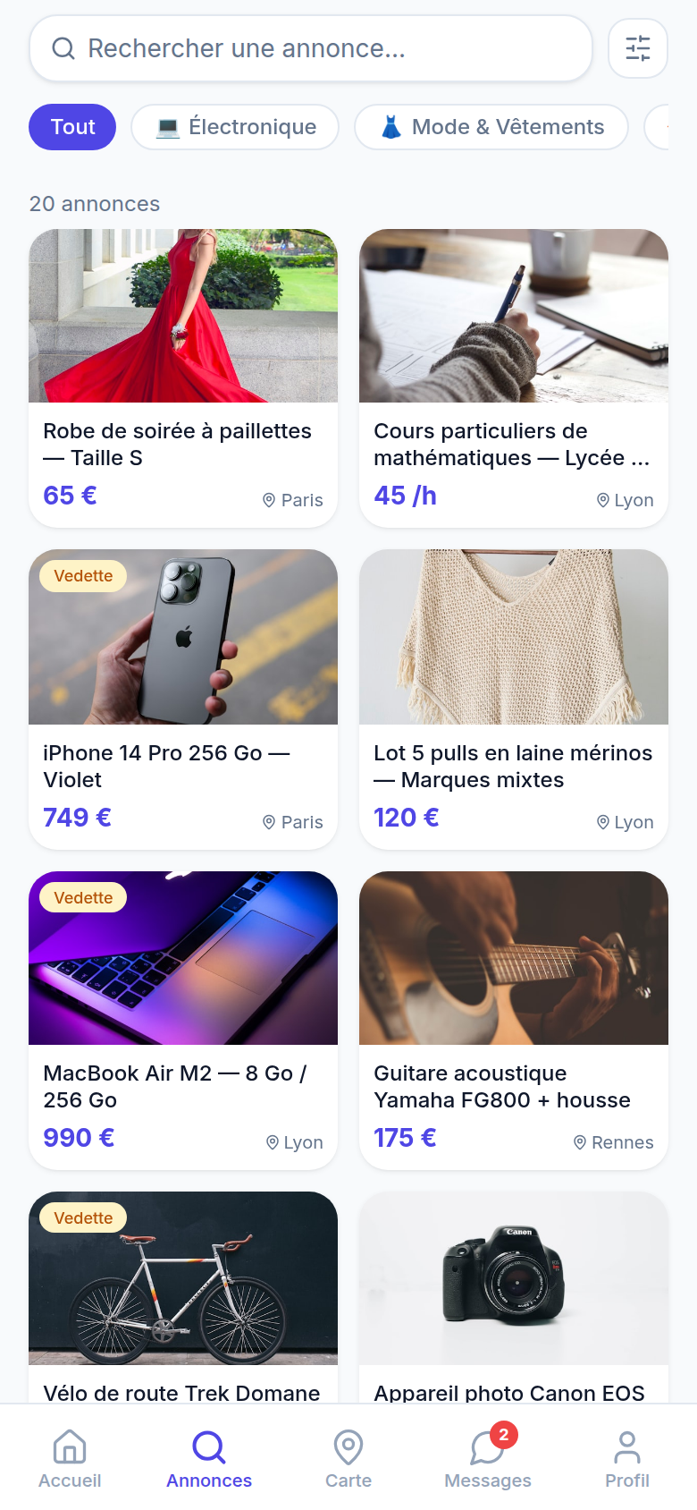 Liste des annonces filtrable