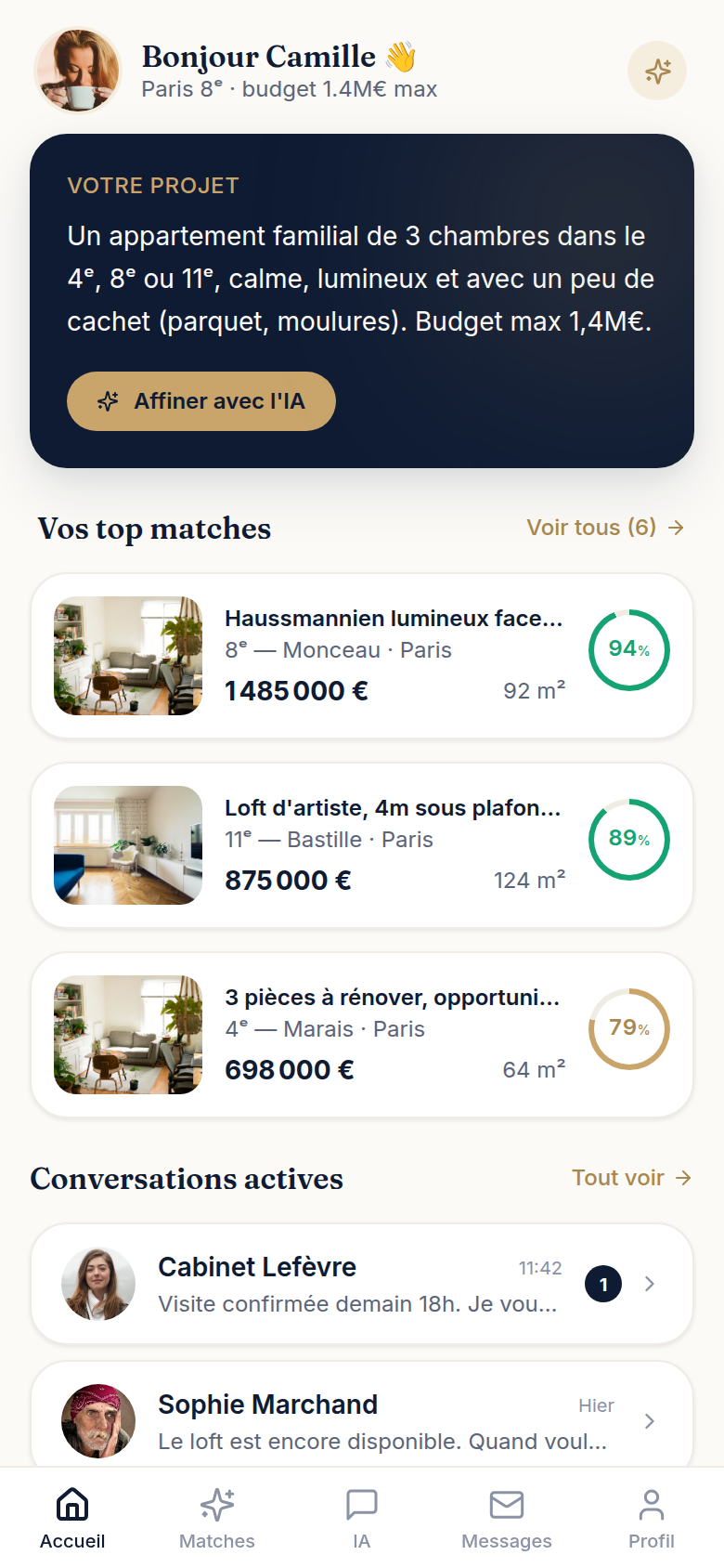 Accueil acheteur : projet et top matches