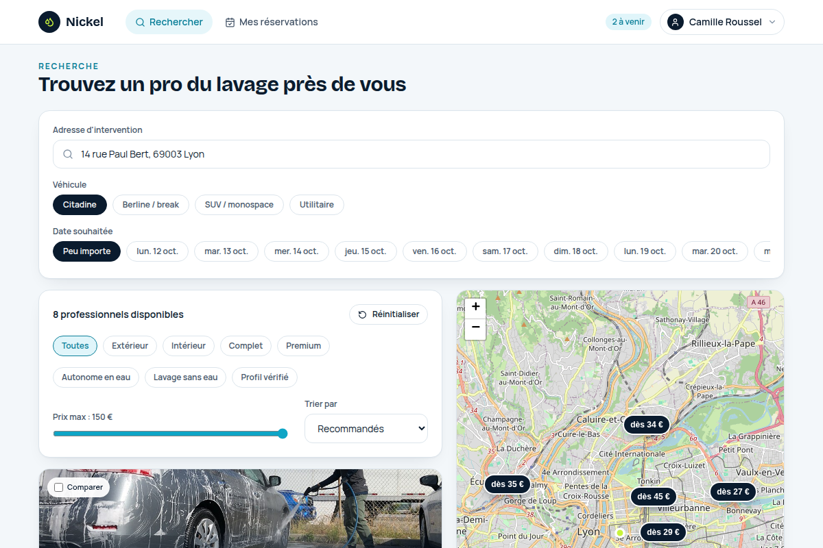 Adresse, véhicule, date et filtres avant les résultats