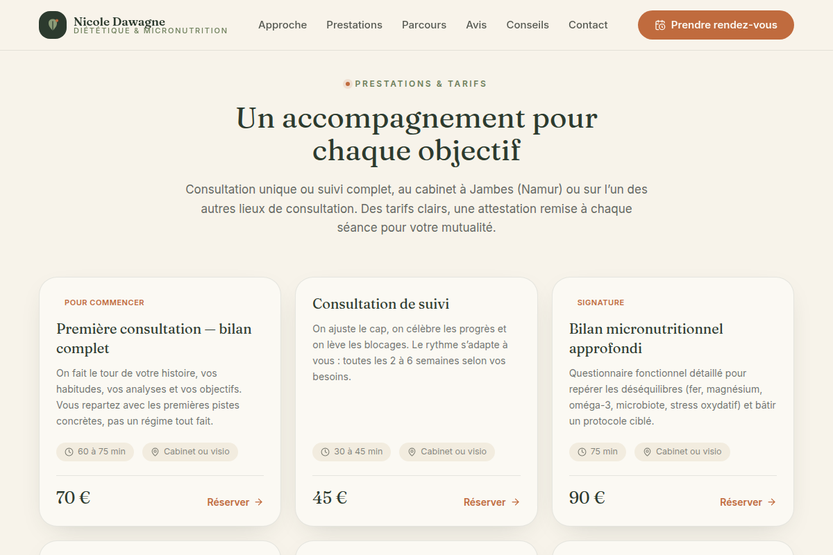 Six prestations avec durée, prix et format