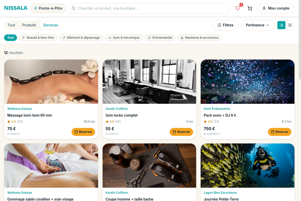 Filtre Services : prestations réservables en ligne