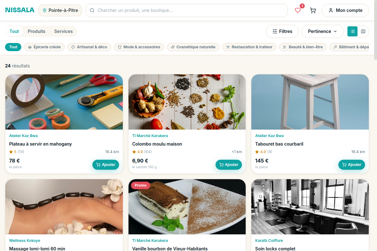 Accueil marketplace : catégories et boutiques proches