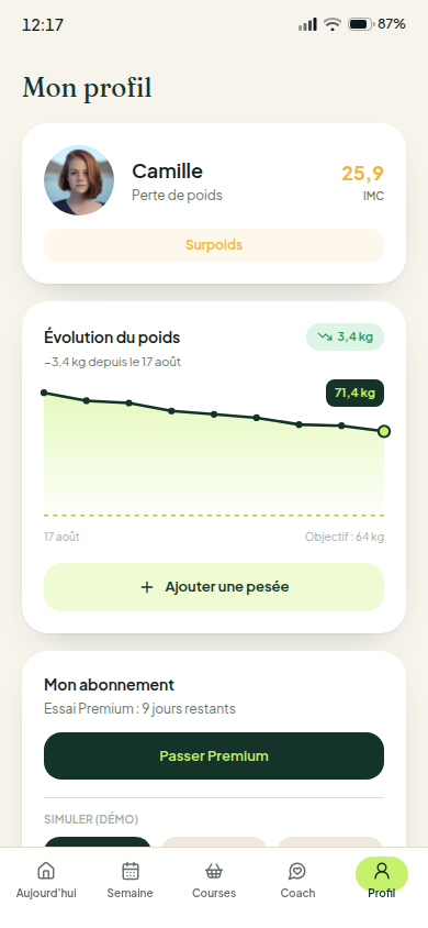 Profil, poids et objectif nutritionnel