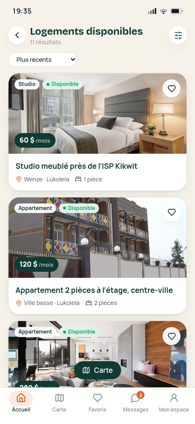 Liste des logements disponibles