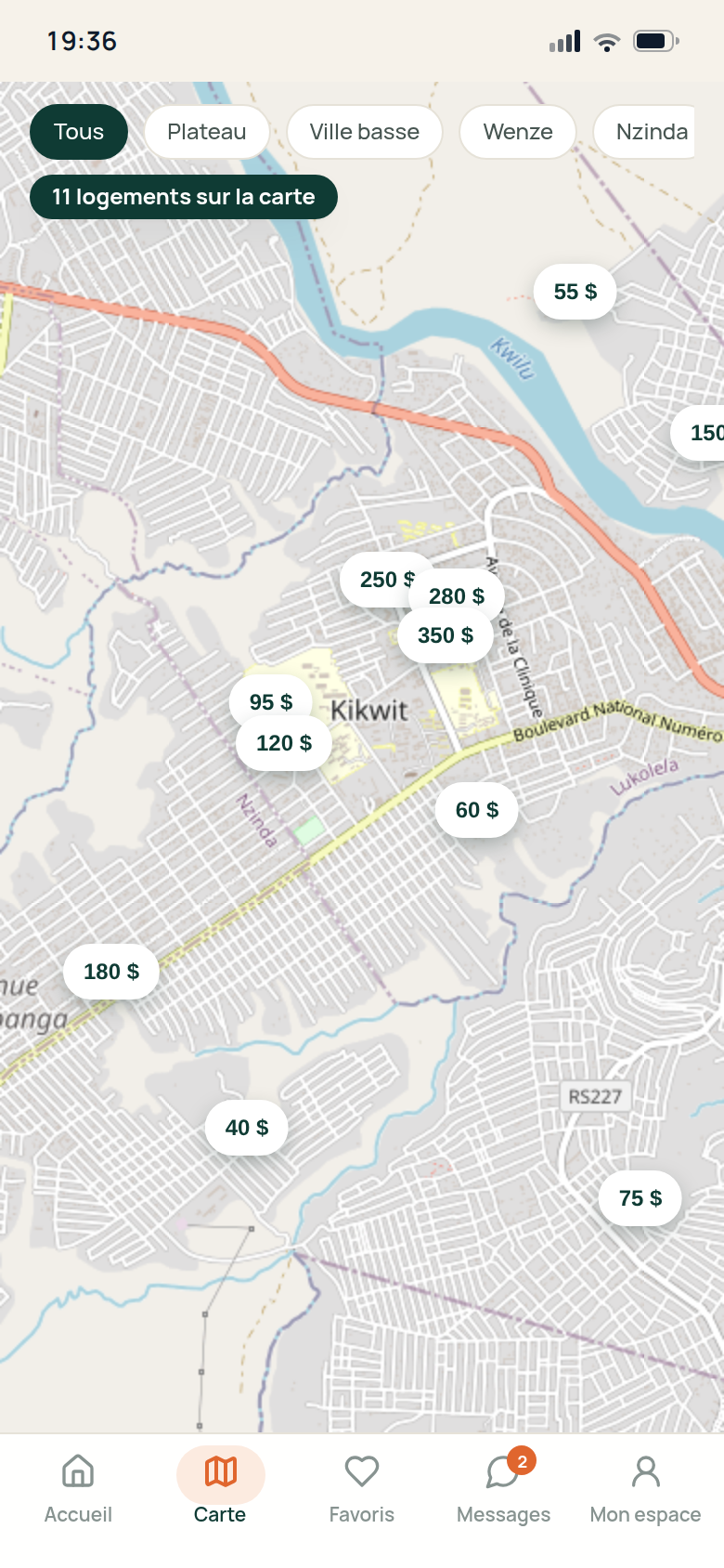 Loyers affichés sur la carte de Kikwit