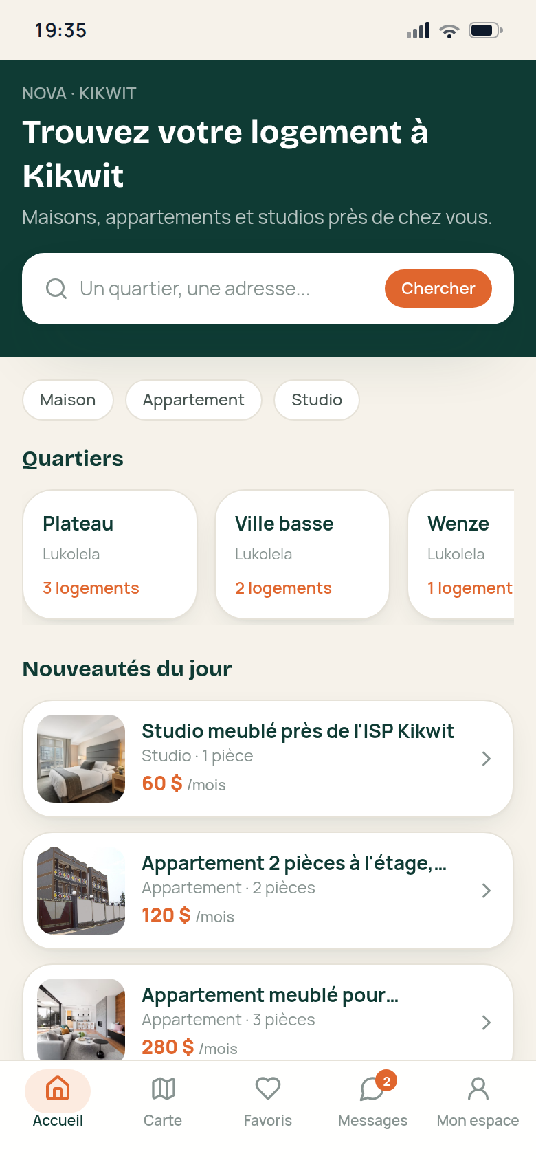 Recherche par quartier, type et loyer