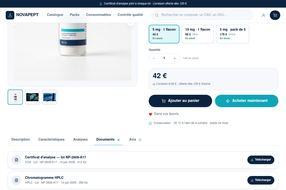 Fiche produit avec certificats COA/HPLC