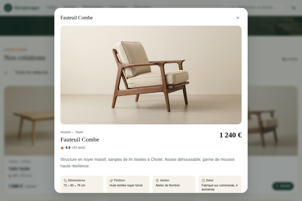 Fiche produit en modale : specs et avis