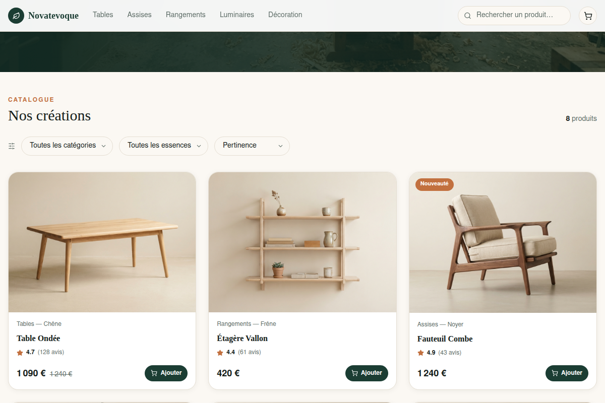 Catalogue filtrable de mobilier bois massif