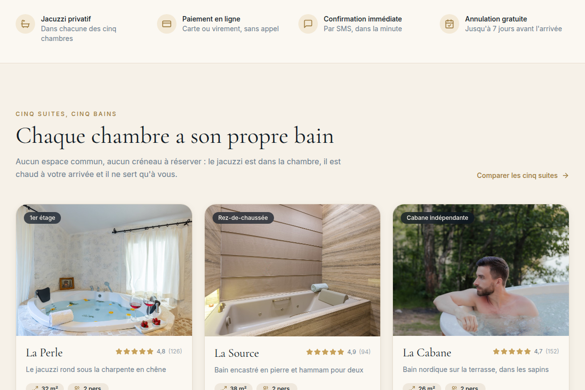 Accueil : réassurance + cinq suites