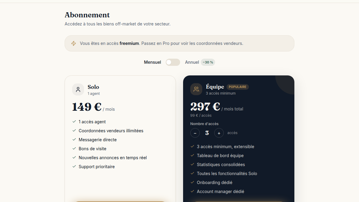 Toggle mensuel / annuel −30 %
