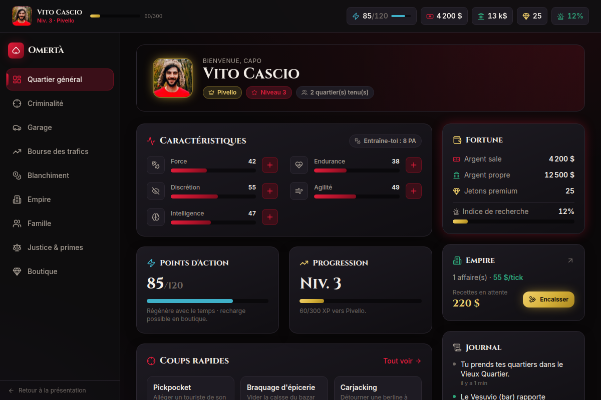 Quartier général — avatar, stats, énergie, fortune